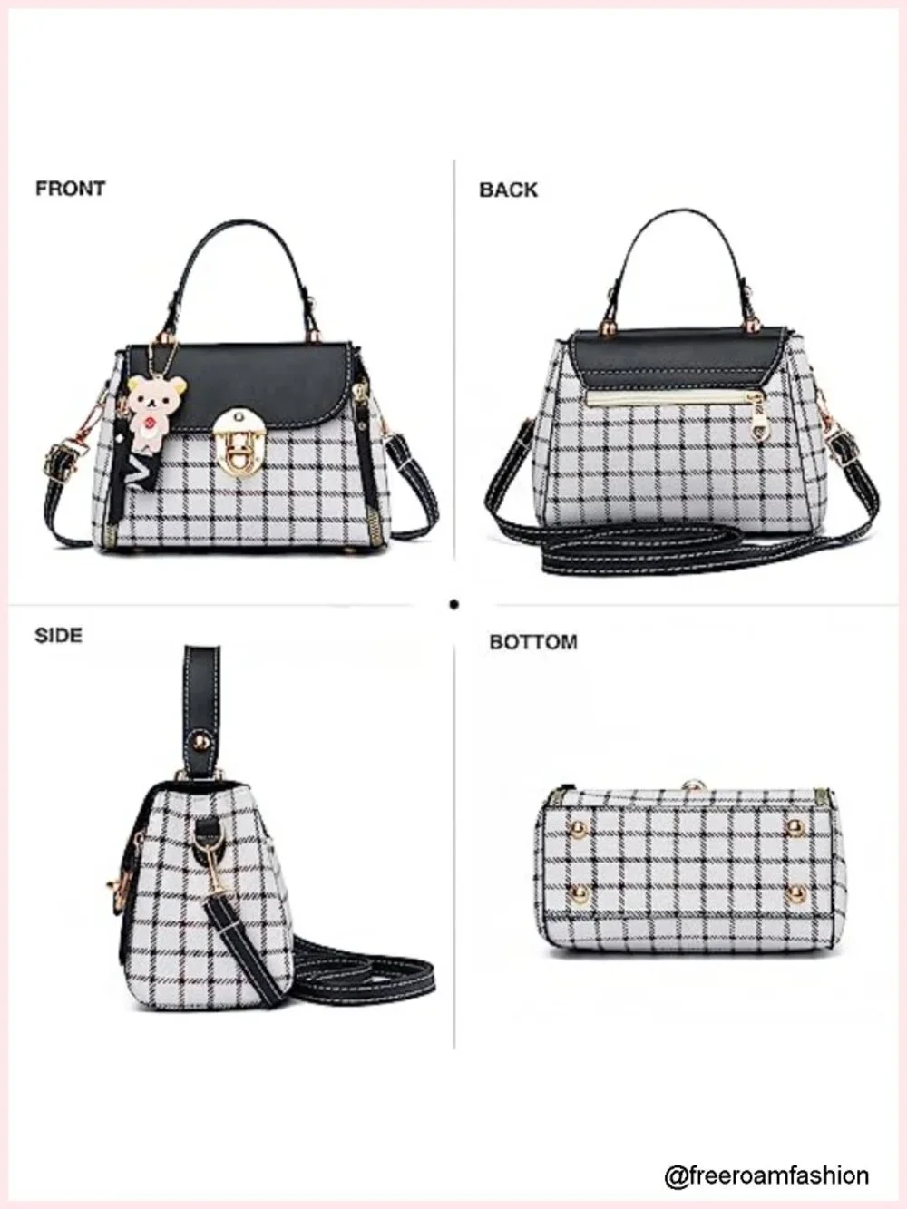 Plaid Pattern Satchel Crossbody Bag with Bear Pendant Lightweight Adjustable